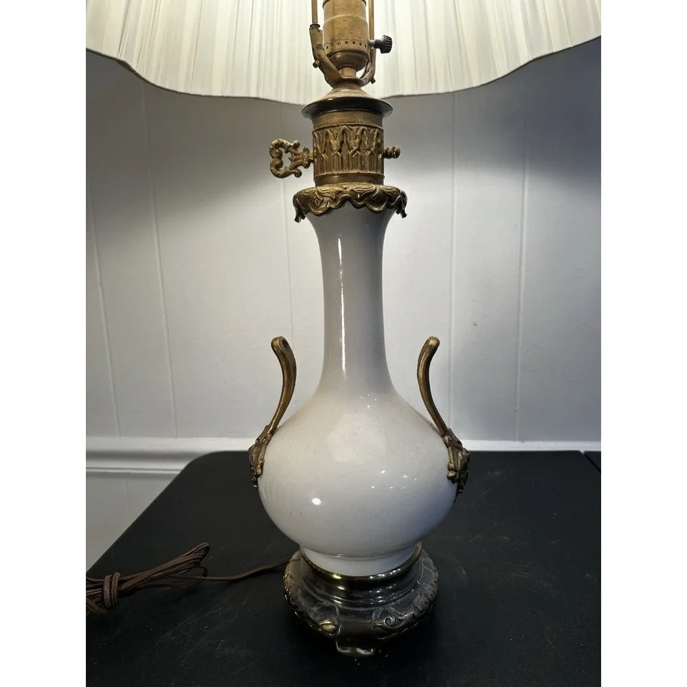 Vintage Tyndale China Table Lamp White Porcelain Brass Tone Ornate Handles Pleat
